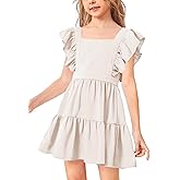 Imily Bela Girls Square Neck Summer Dress Ruffle Sleeve A-line Swing Casual Party Mini Dresses 5-14 Years