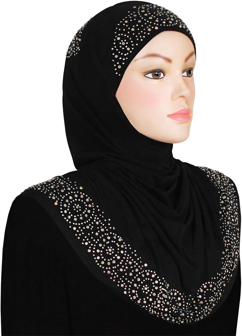 Zelfa One Piece Head Hijab Scarf For Women Lycra Amira With Rhinestones (Black)