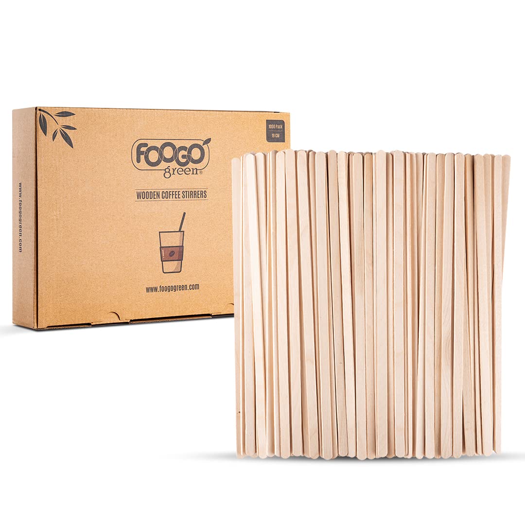 FOOGO Green 1000pcs Wooden Coffee Stirrers, Extra Long 19cm / 7.5", FSC® Certified, Cocktail Stirrers, Wooden Sticks for Craft, for Cold and Hot Drinks, Eco-Friendly, Compostable and Sturdy