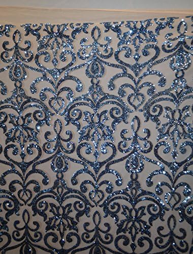 Fashion Eternity Damask Sequins Lace Fabric -l Blue color- sold By The Yard/ing, in USA, exclusive for fabric Imperial (1yd)