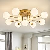 LIGJOY Semi Flush Mount Ceiling Light Fixture,Modern Gold Globe Sputnik Chandeliers 9-Light Mid Century Milk Glass Chandelier
