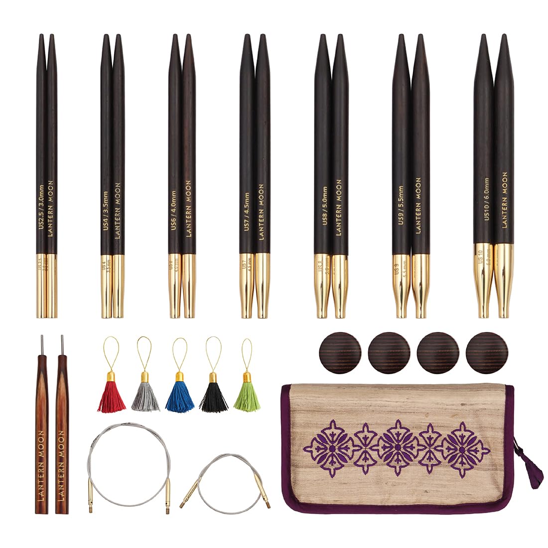 Lantern Moon Interchangeable Knitting Needles – 7 Pairs of 10cm 4” Tips – 2 Swivel Cords 40,50cm – End Caps, Stitch Markers - Khadi Silk Zippered Case - Sizes 3,3.5,4,4.5,5,5.5,6mm