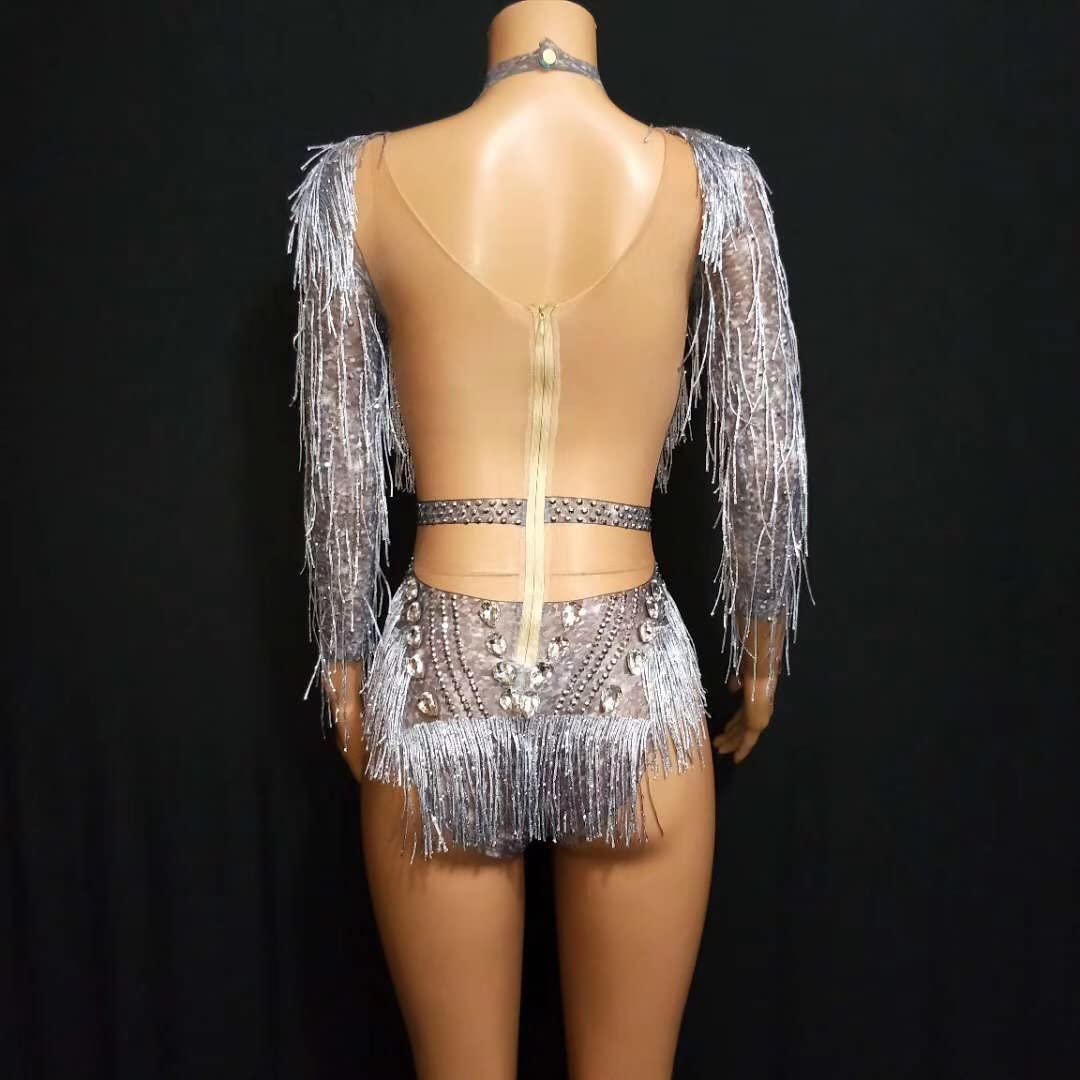 YUANTONG See Through Mesh Rhinestone Bodysuits for Women Sexy Fringe Leotard Drag Queen Outfit Birthday Dance Carnival Costumes