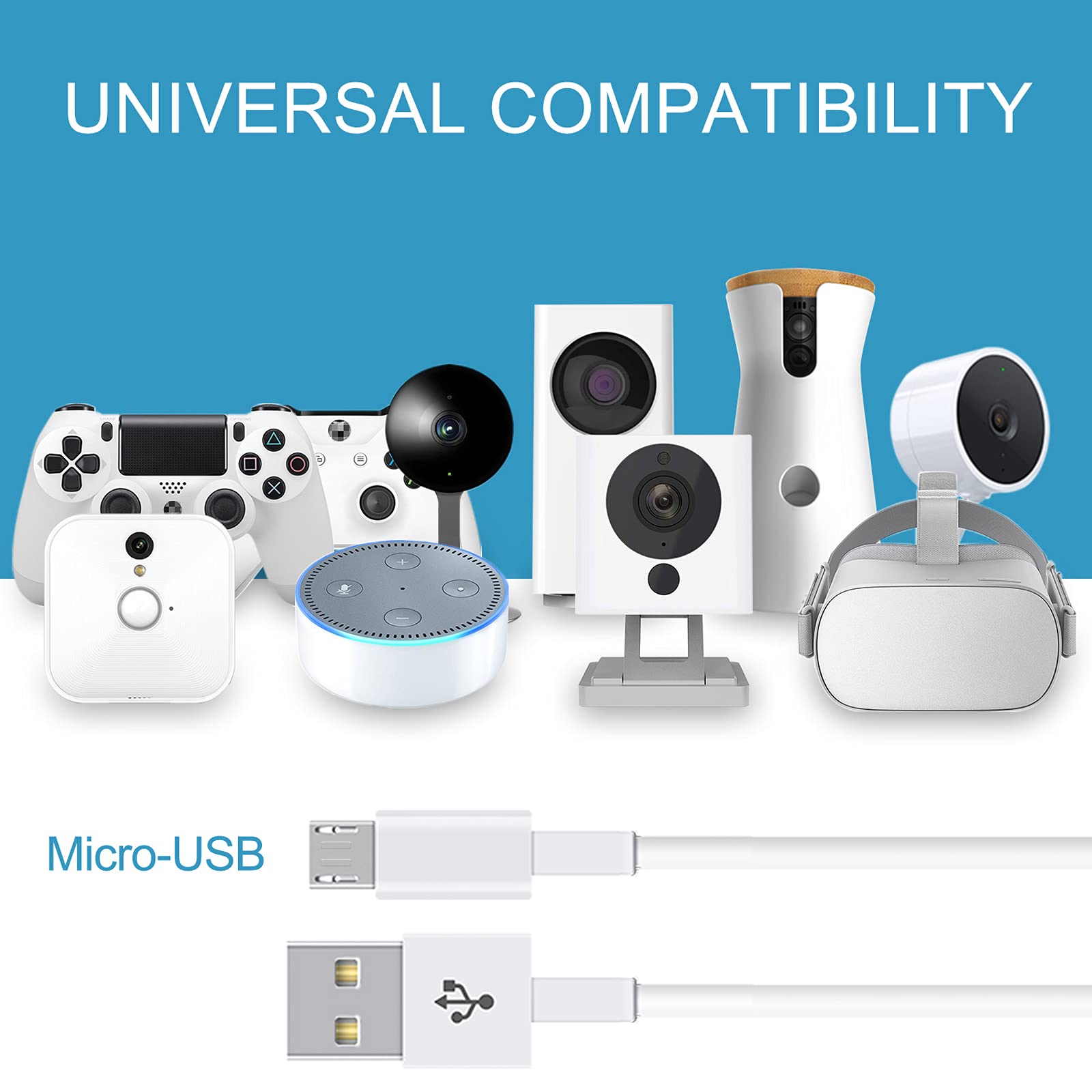 FASTSNAIL 16.4FT Power Extension Cable for WyzeCam/WyzeCam V3/ WyzeCam Pan/Wyze Cam Pan V2/ KasaCam/NestCam Indoor/Yi Cam/Furbo Dog,USB to Micro USB Charging and Data Sync Cord