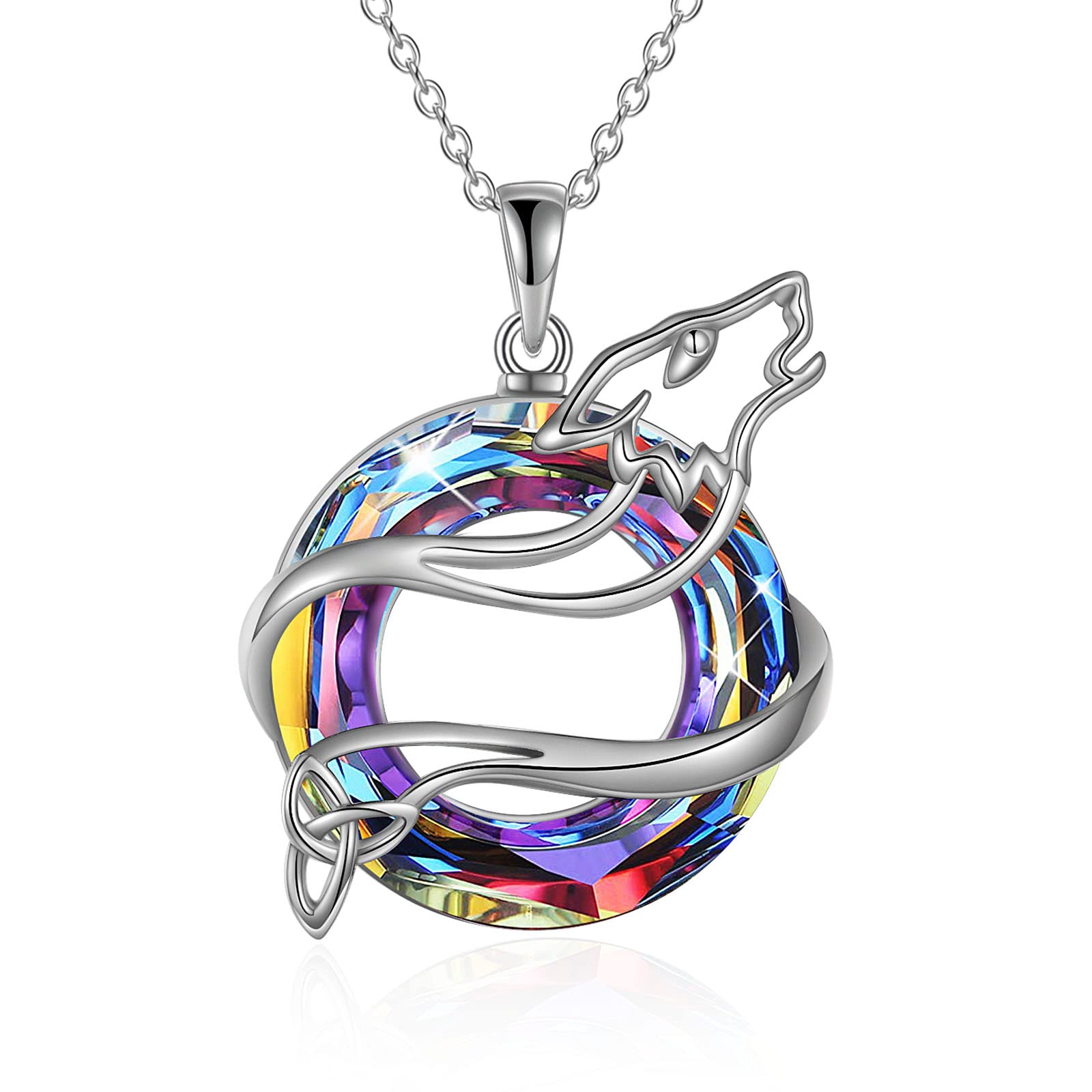 YFN Wolf Necklace Sterling Silver Celtic Wolf Crystal Pendant Jewellery for Women