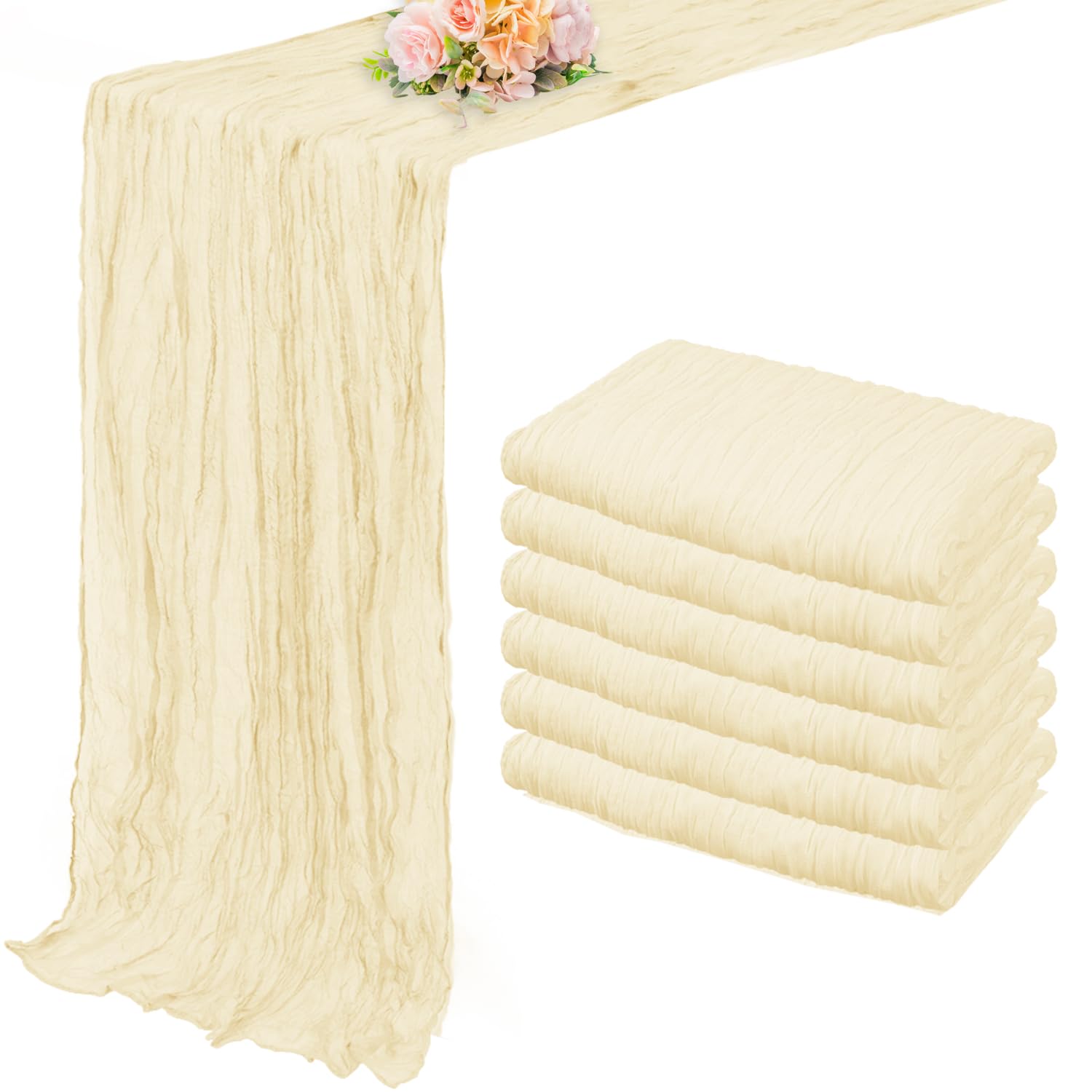 Photo 1 of 10FT 6 Pack Beige Cheesecloth Table Runner 20 x 120 Inch Long Rustic Gauze Fabric Cheese Cloth Table Runner for Wedding Bridal Baby Shower Table Decorations Boho Sheer Birthday Party Table Decor