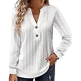 Women's Lightweight Half Button Down Shirt Casual V Neck Long Sleeve Twist Pattern Tunic Tops Comfy Solid Color Blouse