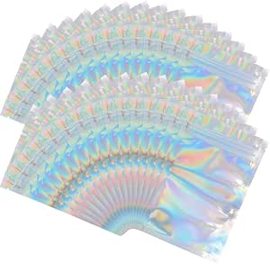 100-Pack Black Holographic Mylar Bags With Window - Resealable Smell Proof Storage Pouches, 4.73x7.88"