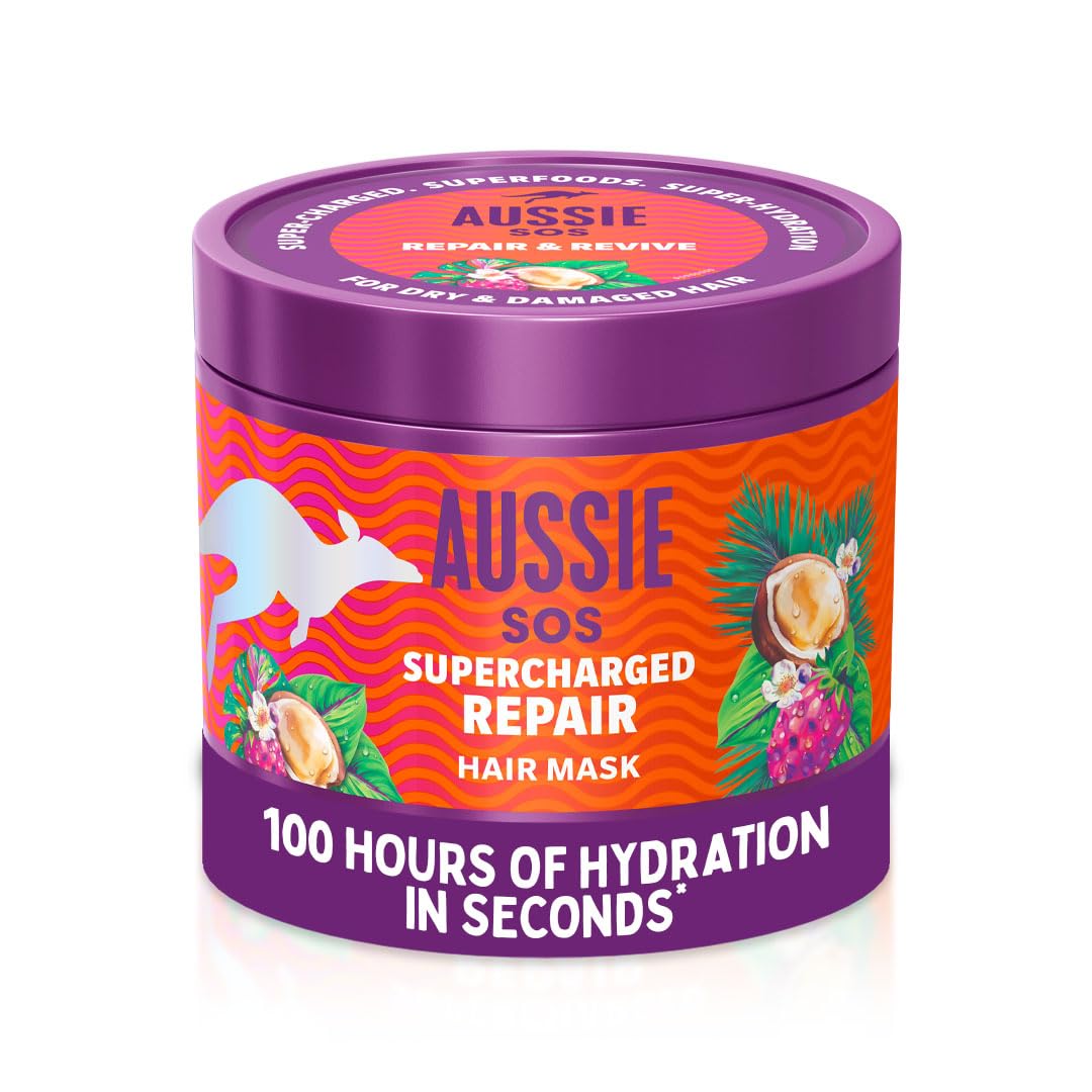 Aussie SOS Supercharged Repair Hair Mask 500ml for Dry and Damaged Hair. Helps Repair and Protect Against Damage Leaving Hair Soft, Smooth and Hydrated for 100 Hours. Vegan Formula