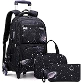 Primary Junior High Boys Rolling Backpacks Wheeled Bags Trolley School Bags Travel Luggage 3 in 1 Kids Bookbag Set with Lunch Bag