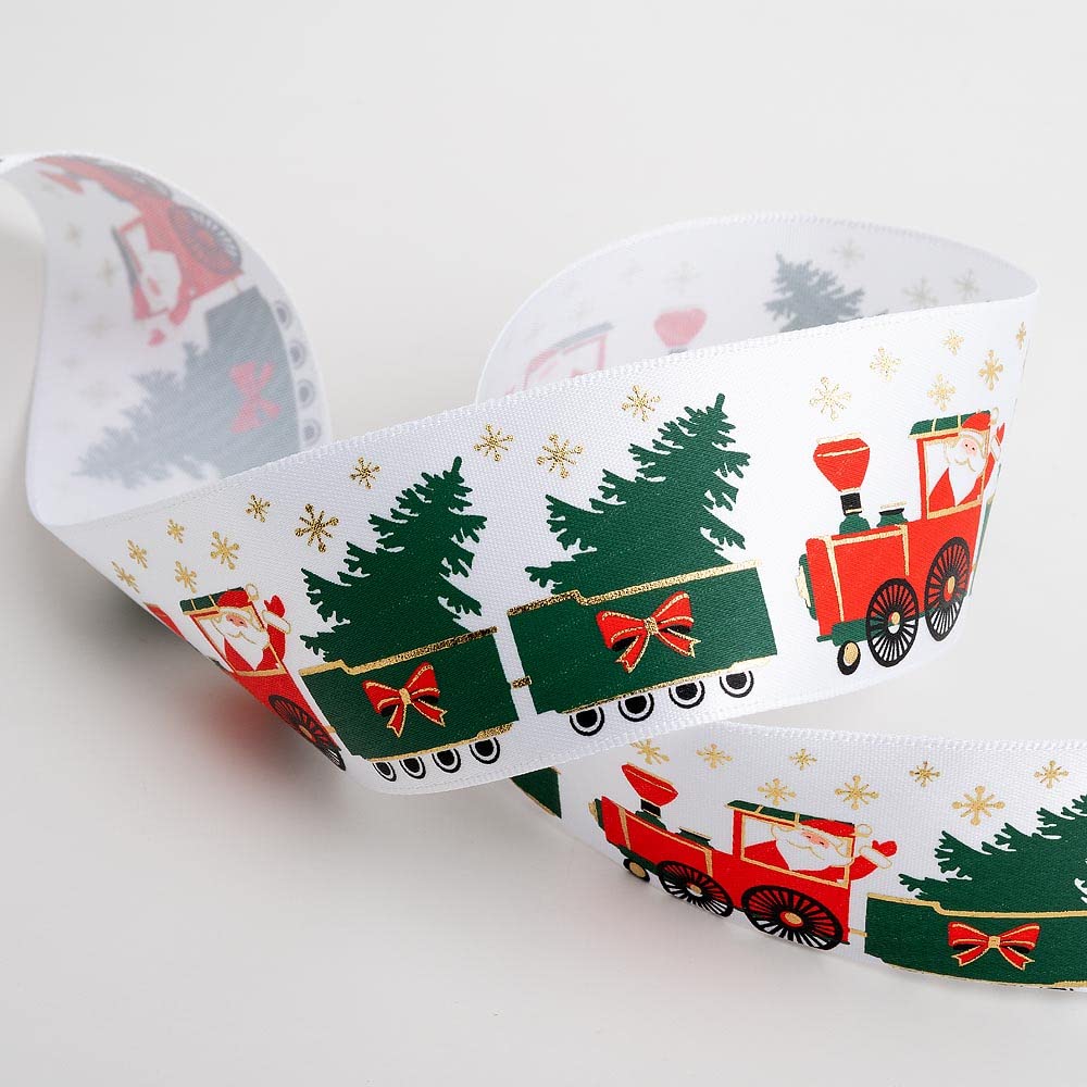 Italian Options Santa Train Satin Ribbon for Gift Wrapping, Christmas Ribbon for Crafts, Wreaths, Tree Decorations, Cards, Fabric Ribbons, White, 38 mm x 5 Metre Roll