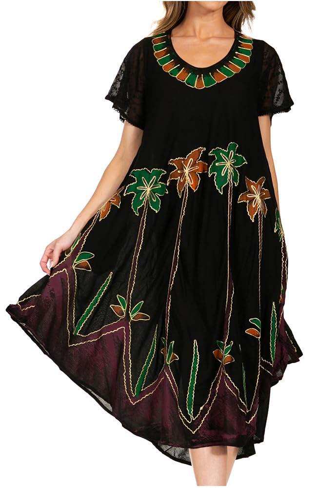 Sakkas 116 Watercolor Palm Tree Tank Caftan Dress - Black/One Size