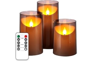 NURADA Flameless Candles with Remote Timer: 3D Wick Battery Operated Led Pillar Unbreakable Acrylic Fake Candle Set for Home Decoration Romantic Ambiance - Grey 3 Pack