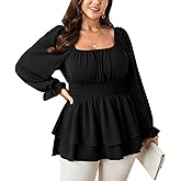 SCOMCHIC Womens Plus Size Peplum Tops Square Neck Long Sleeve Blouses Layered Ruffle Hem Smocked Casual Babydoll Top