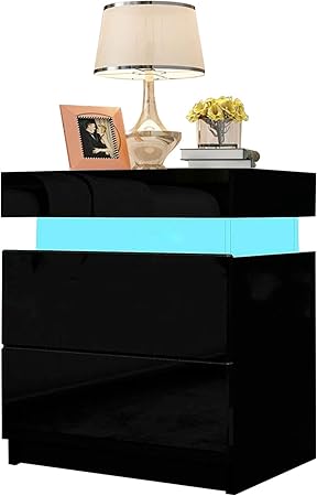 Dripex Bedside Table High Gloss Front 2 Drawers Nightstand Cabinet With Led Lights For Bedroom Black 45 X 35 X 52cm Amazon Co Uk Kitchen Home