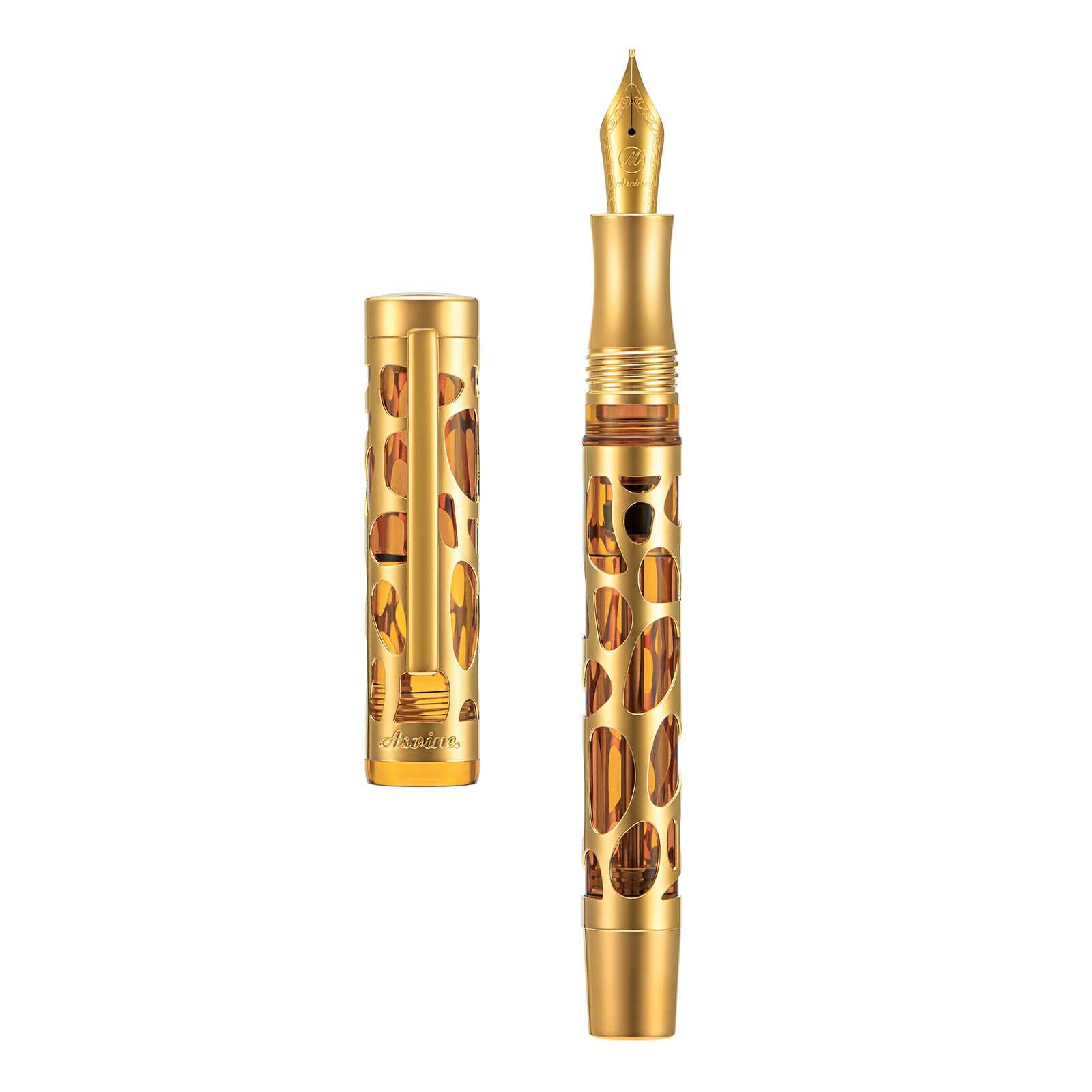 Asvine V169 Vacuum Filling Fountain Pen Medium Nib, Water Drop Skeleton Gold Trim Transparent Coffee Acrylic Pen Case Set