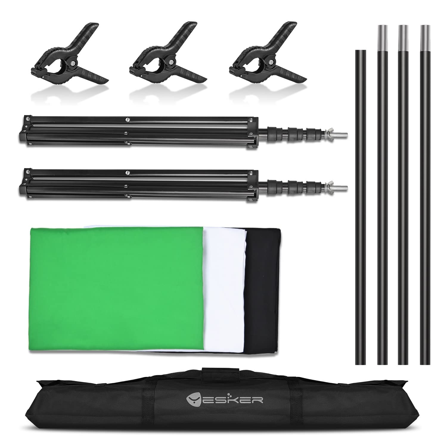 Yesker Backdrop Stand with Backdrop Kit 3 Muslin White Black Green Screen Backdrops 8.5x10 ft Background Stand Support System for Portrait,Product Photography and Video Shooting