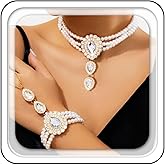 Brishow Pearl Choker Necklaces Set Green Crystal Bridal Jewelry Sets for Wedding Layered Pearl Costume Jewelry Bracelets Set for Women