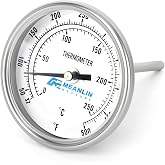 MEANLIN MEASURE 1/2" NPT Bimetal Thermometer, 3" Dial, 4.3" Stainless Steel Stem, Accuracy 2%, Center Back Mount, Temperature Range 50-500&deg;F/0-250&deg;C for Hot Water, Boilers and Pipes