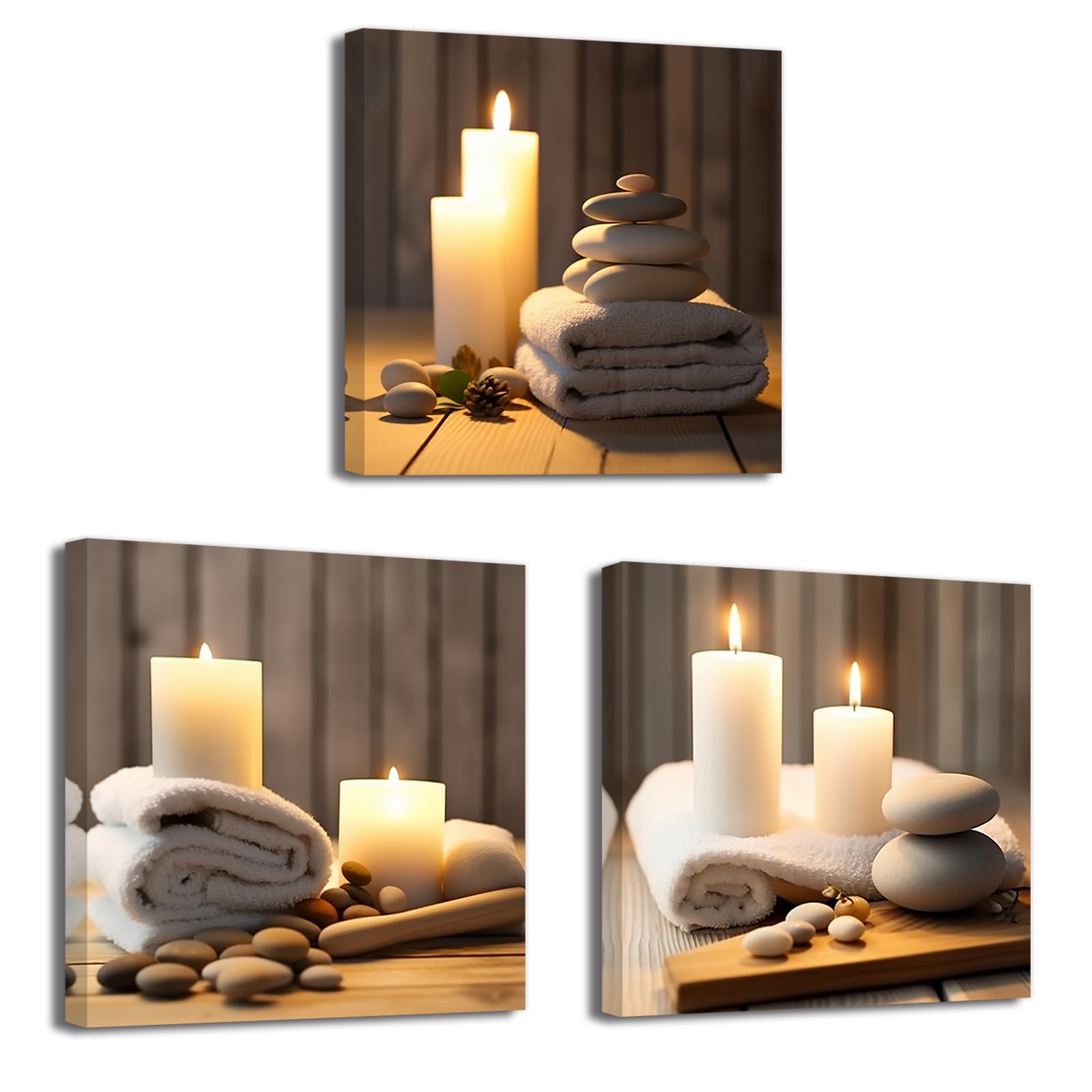 LZIMU Zen Canvas Wall Art 3 Panels Stone Candle and Bath Towel Picture Prints for SPA Meditation Room Bathroom Decor Framed (Zen-1, 12"x12"x3P)