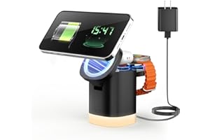 JoyGeek 3-in-1 Charger Stand for Magsafe: Foldable Wireless Charging Station with Night Lights - Magnetic Charger Dock for iPhone 15/14/13/12 Pro/Max/Plus, AirPods, Apple Watch 2-9/Ultra (Black)