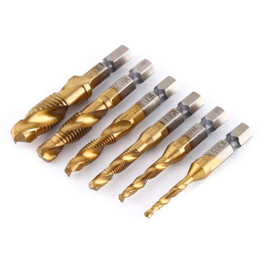 MAGT Drill And Tap Bit, 6pcs Nitriding Treatment Metric Thread M3-M10 Titanium Coated HSS Drill And Tap Bits 1/4" Hex Shank