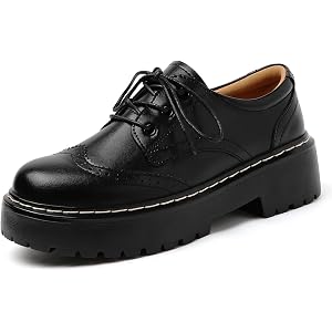 Womens Oxford Shoes Black Leather Platform Oxford Shoes for Women Brogue | Chunky Heel Round Toe Non Slip Vintage Soft Glossy