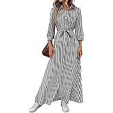 chouyatou Women's Casual 3/4 Sleeve Striped Shirt Dress Button Down Swing Flowy Maxi Beach Dress with Belt