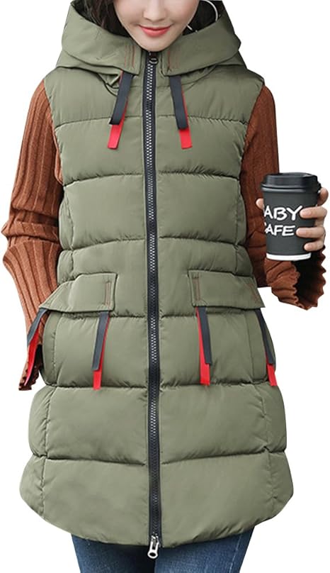 Elegante Sin Mangas Largo Chaleco para Mujer Acolchado Chaqueta con