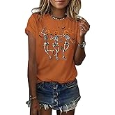 Skeleton Halloween Shirt for Women Fall Spooky Season Doodle Graphic Short Sleeve Autumn Tops Blouse