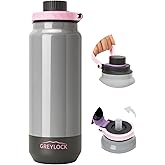 GREYLOCK 24 oz Insulated Water Bottle with Straw Lid, Leakproof Reusable Stainless Steel Vacuum Flask, 24hr Cold & Hot, Carry Handle & Silicone Spout, BPA-Free for Gym, Hiking, Travel,Grey