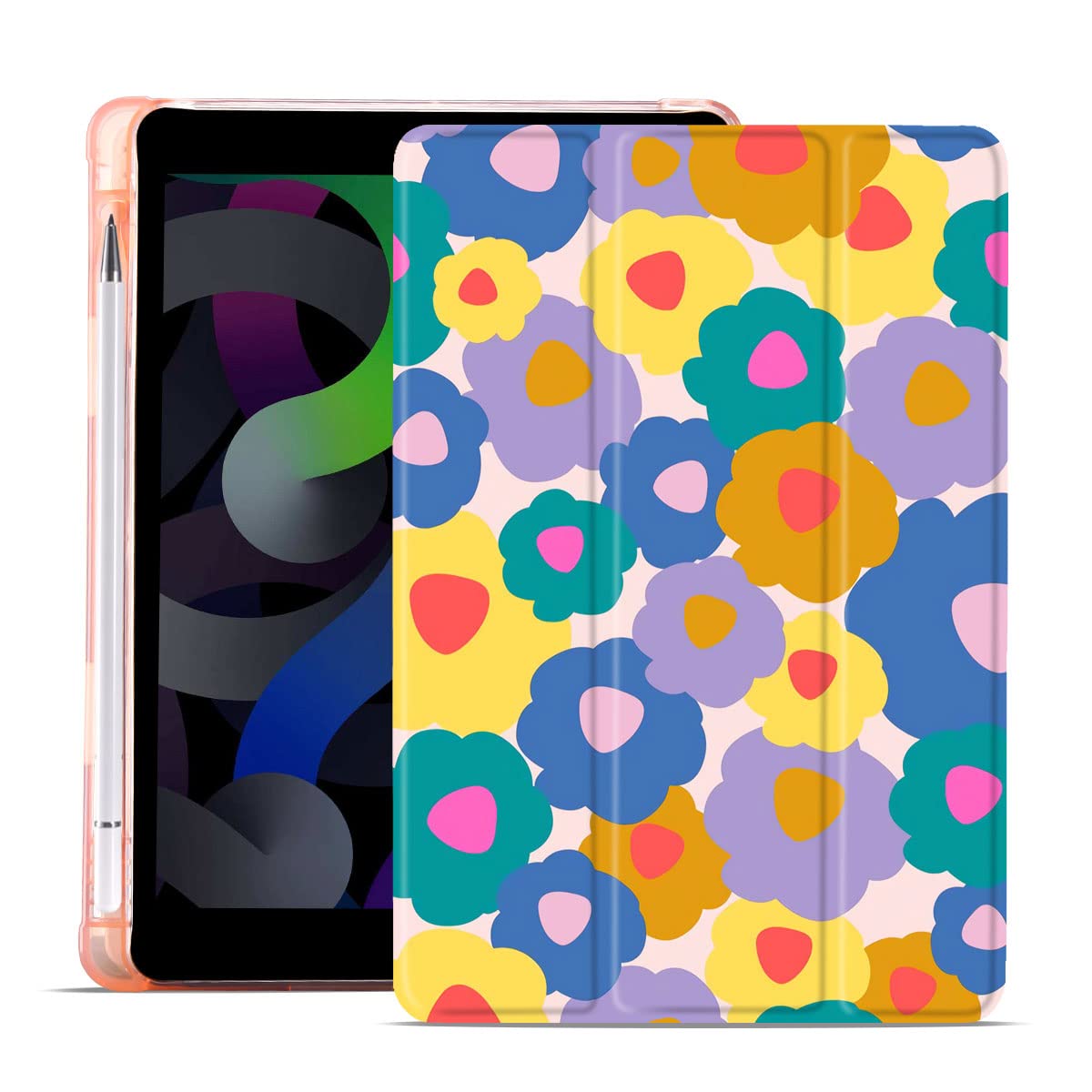 MAYCARI Flower iPad Air 4 Case with Pencil Holder, Support Auto Sleep/Wake, Pink Soft TPU Back Protective Case for iPad 10.9 inch 2020