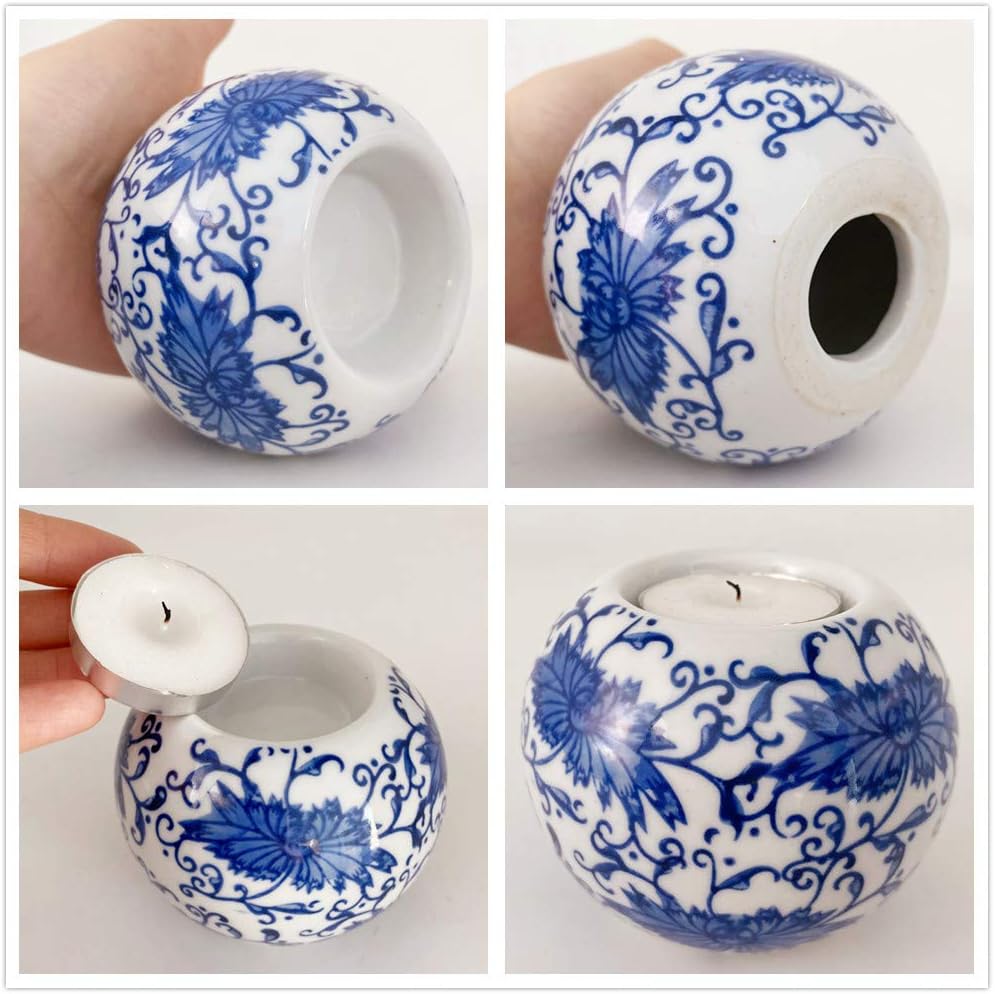 Porcelain Candle Holder Tealight Candleholders Blue and White Decorative Chinoiserie Decor (B7): Kitchen & Dining