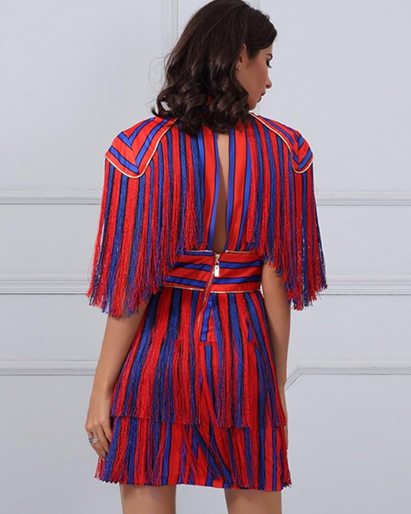 UONBOX Women's Short Sleeves Red and Blue Striped Tassel Fringe Celebrity Dress at  Women’s Clothing store