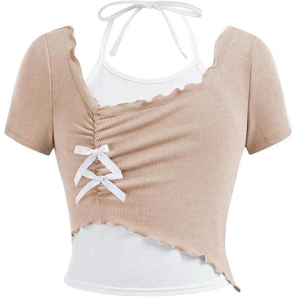 OYOANGLE Women’s Off Shoulder Long Sleeve Crop Top – Drawstring Front, Ruched, Lettuce Trim - View #4