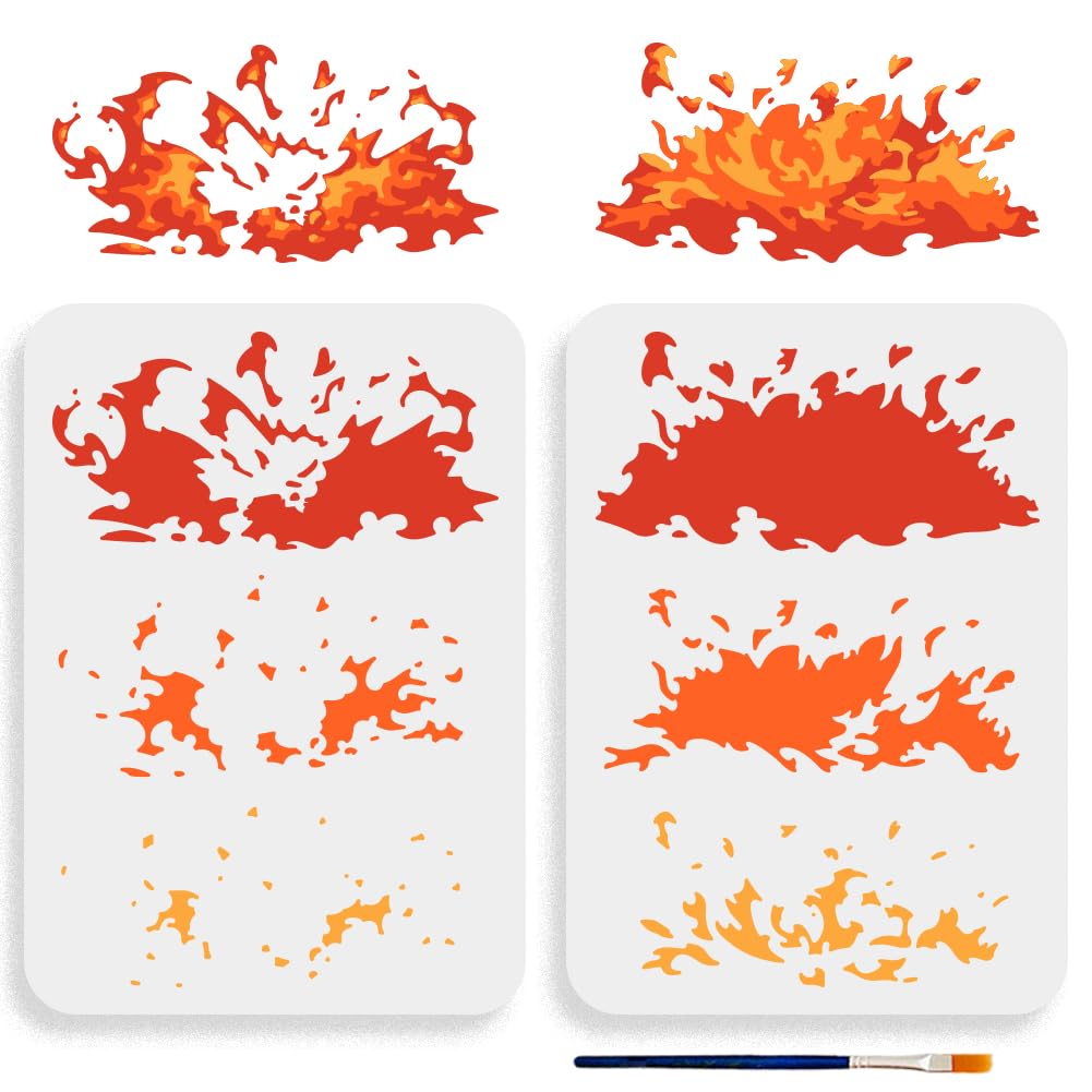 Photo 1 of MAYJOYDIY 2 Pack Reusable Flame Stencils (11.7x8.3 inch) - Layered Fire Design Template for Painting on Wood, Canvas, Walls, Furniture - Includes Paint Brush