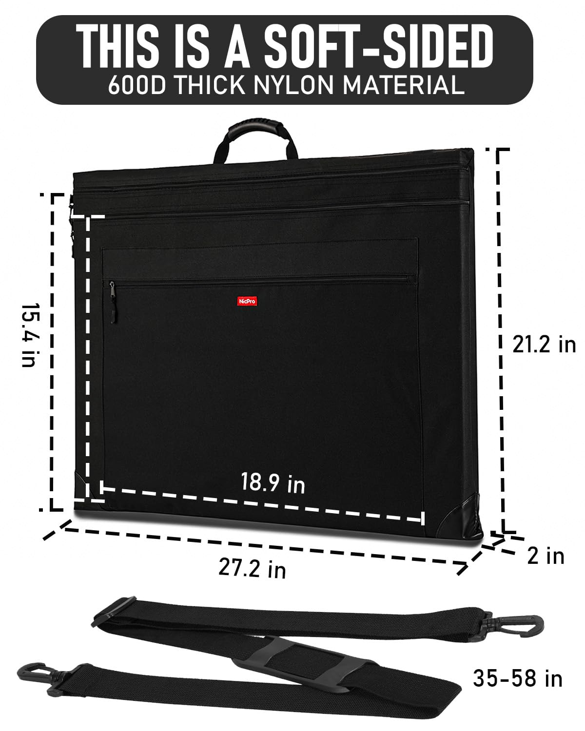 Nicpro Light Weight Art Portfolio Bag, 20x26 Black Art Canvas Portfolio Case with Detachable Shoulder Strap, Leather Corners, Carrying Storage Case for Artwork, Poster, Sketching, and Drawing