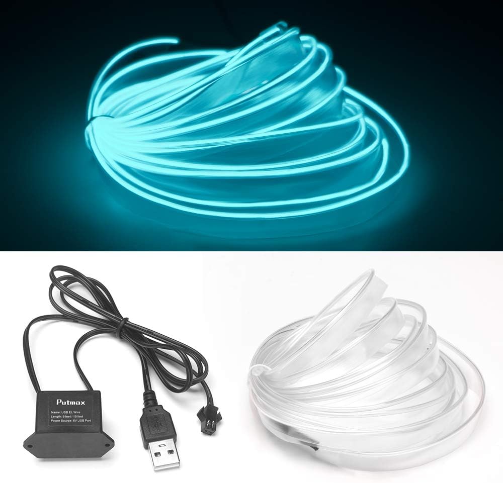 EL Wire for Automotive, 9ft EL Neon Wire Ice Blue DC 5V Neon Lights USB Sewable Electroluminescent Wire/El Wire for Car Interior Automotive Décor with 6mm Sewing Edge