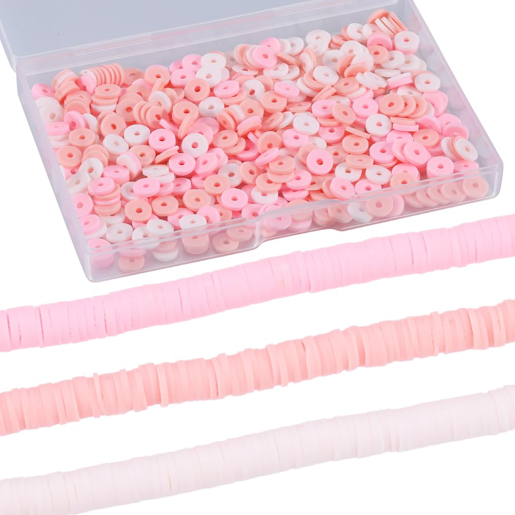 SUNNYCLUE 1 Box 1000PCS+ 6mm Pink Heishi Beads Polymer Clay Beads Small Mini Refill Round Flat Disc Vinyl Spacer Loose Beads Bulk for Jewellery Making DIY Bracelets Necklace Chocker Craft Supplies