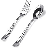 BUCLA 200 Pieces Silver Plastic Silverware - Heavy Duty Disposable Cutlery set - 100 Silver Plastic Forks, 100 Disposable Spoons for Catering, Parties, Dinners, Weddings and Christmas
