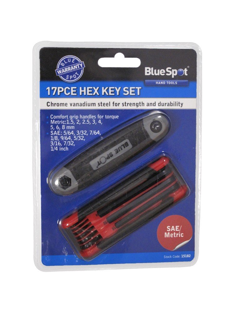 Blue Spot 15182 Hex Key Set SAE/Metric (17 Pieces)