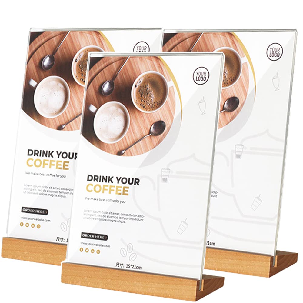 Aisamco Pack of 3 A5 Acrylic Sign Holders Slant Back Design L Shape Clear Acrylic Frame Wood Base Table Menu Display Stand Flyer Display for Desk Display