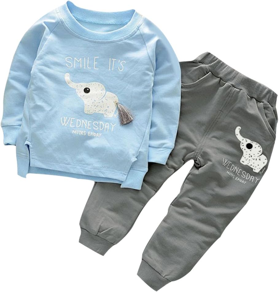 Cute Cat Elephant Print Toddler Baby Girls Clothes Set,Long Sleeve T-Shirt +Pants Outfit