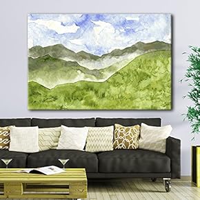 Watercolor Style Landscape Painting a Spring Valley Green Grass