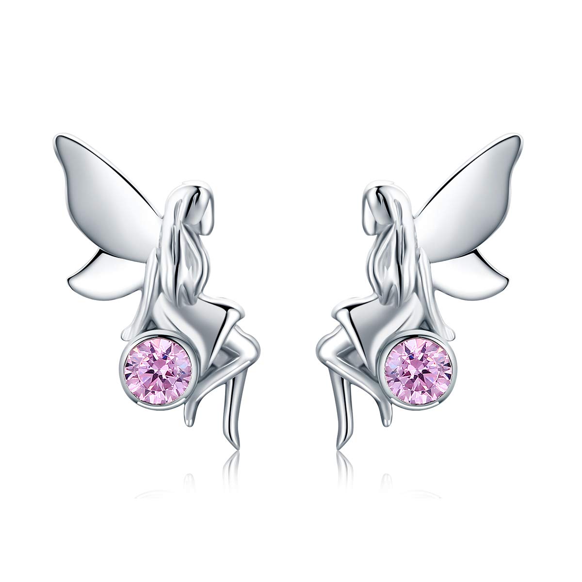 NEWL 925 Sterling Silver Flower Fairy Pink CZ Stud Earrings for Women Sterling Silver Jewelry Gift