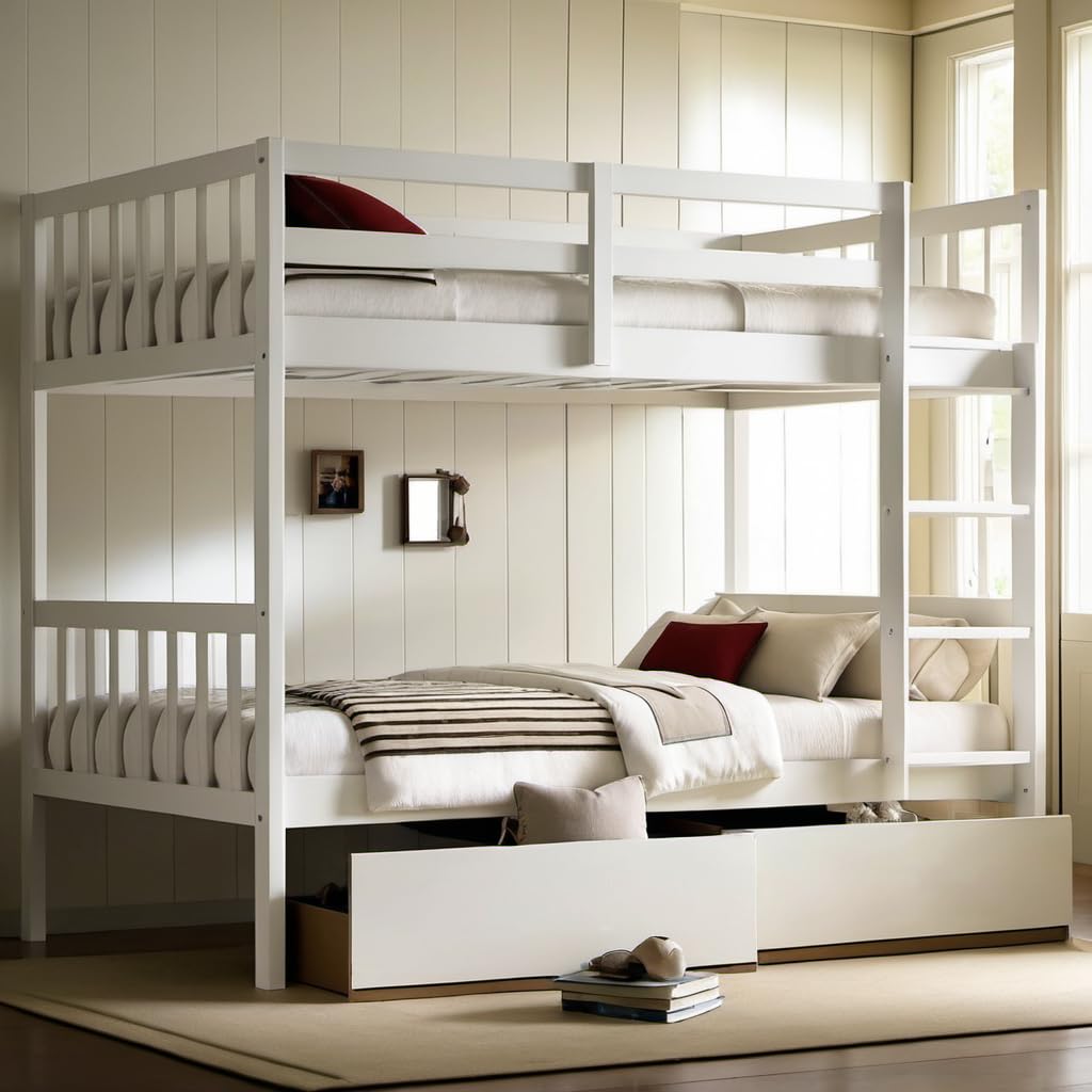 Photo 1 of *BOX 2 of 2 ONLY* ___PVWIIK Twin Over Twin Wood Bunk Bed with 2 Drawers for Girls,Boys,Convertible into 2 Beds,Wood Bunk Bed with Ladder and Safety Guardrails,No Box Spring Needed, White