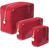 Clear Cosmetic Bags Set of 3, Mini Small Large Makeup Bags For Women Clear Pouch Cosmetics Cases Zipper Cute Pouches Make Up Travel Toiletry Essentials Preppy Purse Organizer Makeup Cases, Ruby