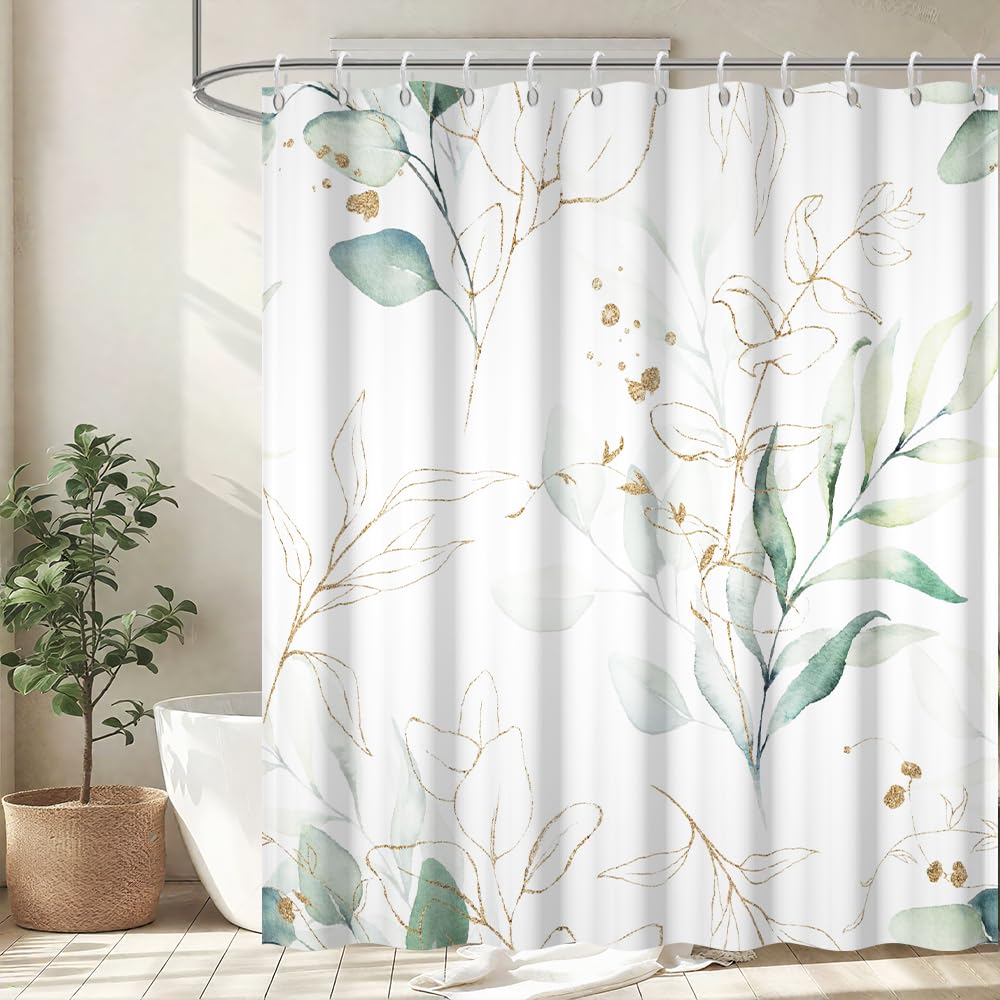 Uiiooazy Eucalyptus Shower Curtain, Sage Green Gold Leaves Pattern Bath Curtain Mildew and Mould Resistant Waterproof Polyester Fabric Washable Shower Curtain with 12 Hooks for Bathroom 180Wx200Hcm — image 1