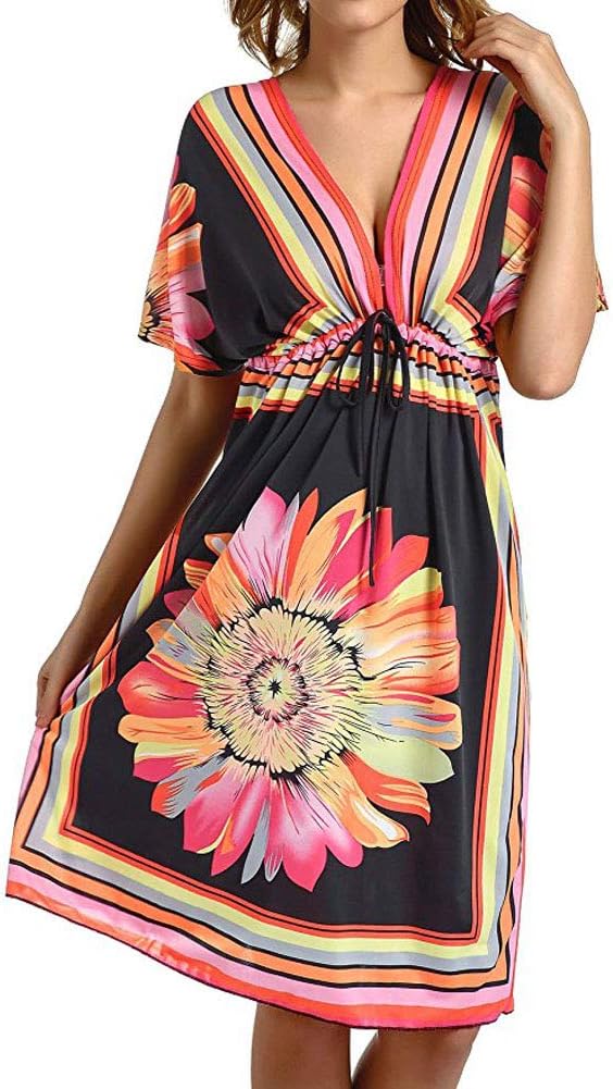Women's Beach Wraps and Cover ups Ladies V-Neck Bohemia Beach Sundress Tunic Kaftan Casual Loose Dress Short Sleeves Boho Beachwear