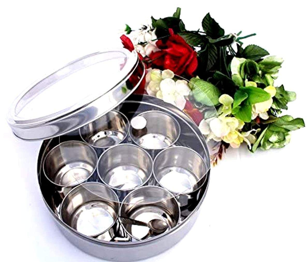 King International Stainless Steel Acrylic Spice Box with Spoon,Spice Organizer,Seasoning Containers,Indian Masala Dabba, 7 Spices Containers 20cm, Set of 9